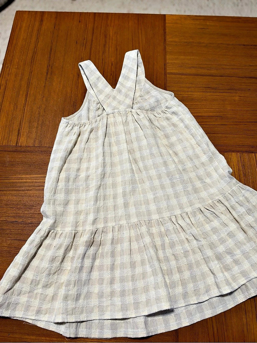 Zara Kids Textured Gingham Tiered Dress | Cross-Back Straps | Beige Check | 5/6